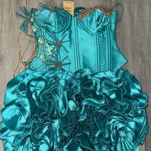 Elegant Teal Women Dress with Gold Accents